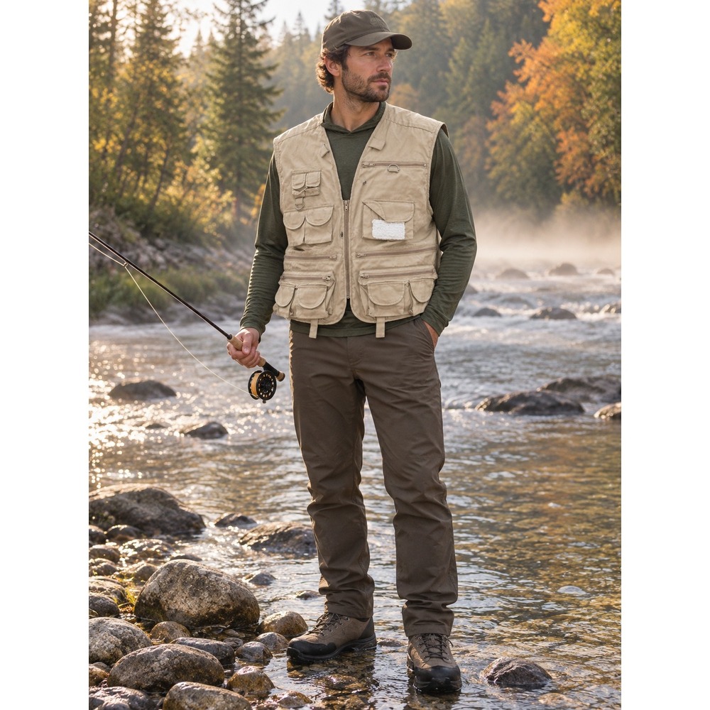 Crystal River Men Tan Khaki Fly Fishing Vest 27 Pockets XL NWT Gorpcore Utility